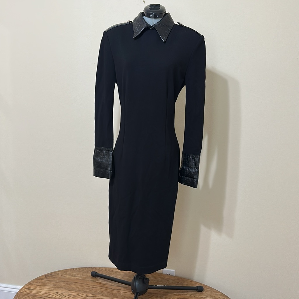 J Dosi Black Long Sleeve Dress Snakeskin Trim Collar & Cuffs Career Cocktail
